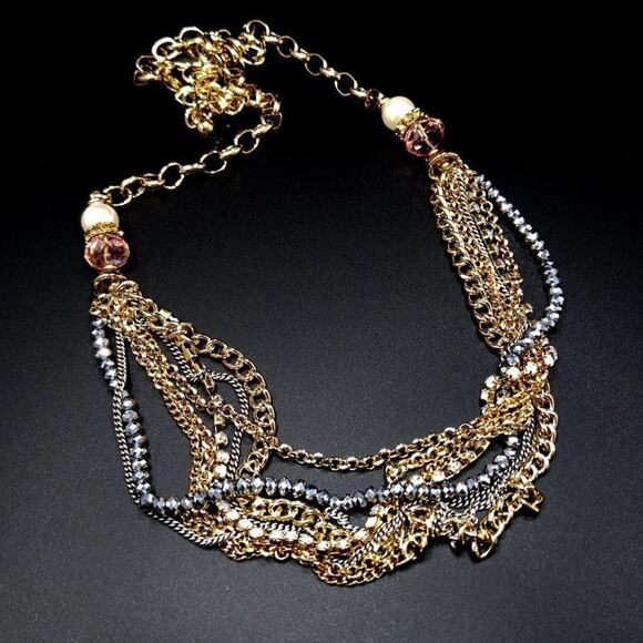 Chico's Pink Crystal Faux Pearl Multi-Strand Chain Necklace, 27 Inches - Picture 10 of 12